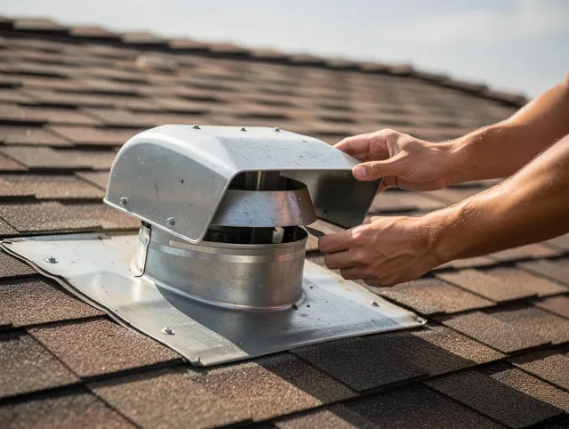 Brunswick Dryer Vent Cleaning certified technician safely cleaning a roof-mounted dryer vent in Brunswick