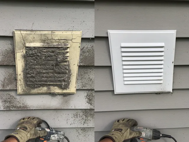 Brunswick Dryer Vent Cleaning technician installing high-quality dryer vent cover at a residential property in Brunswick